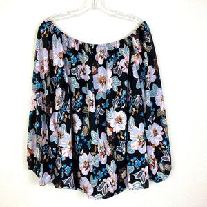 Women's Off The Shoulder Top Size M Black Floral Lined Cottagecore Peasant